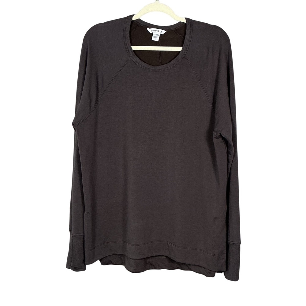 Athleta Coaster Luxe Sweatshirt Large Grey Brown Long Sleeve Thumbhole Pullover